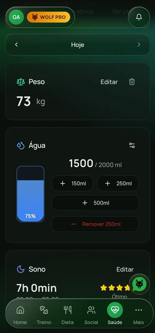 Registro de saúde com água, sono e peso
