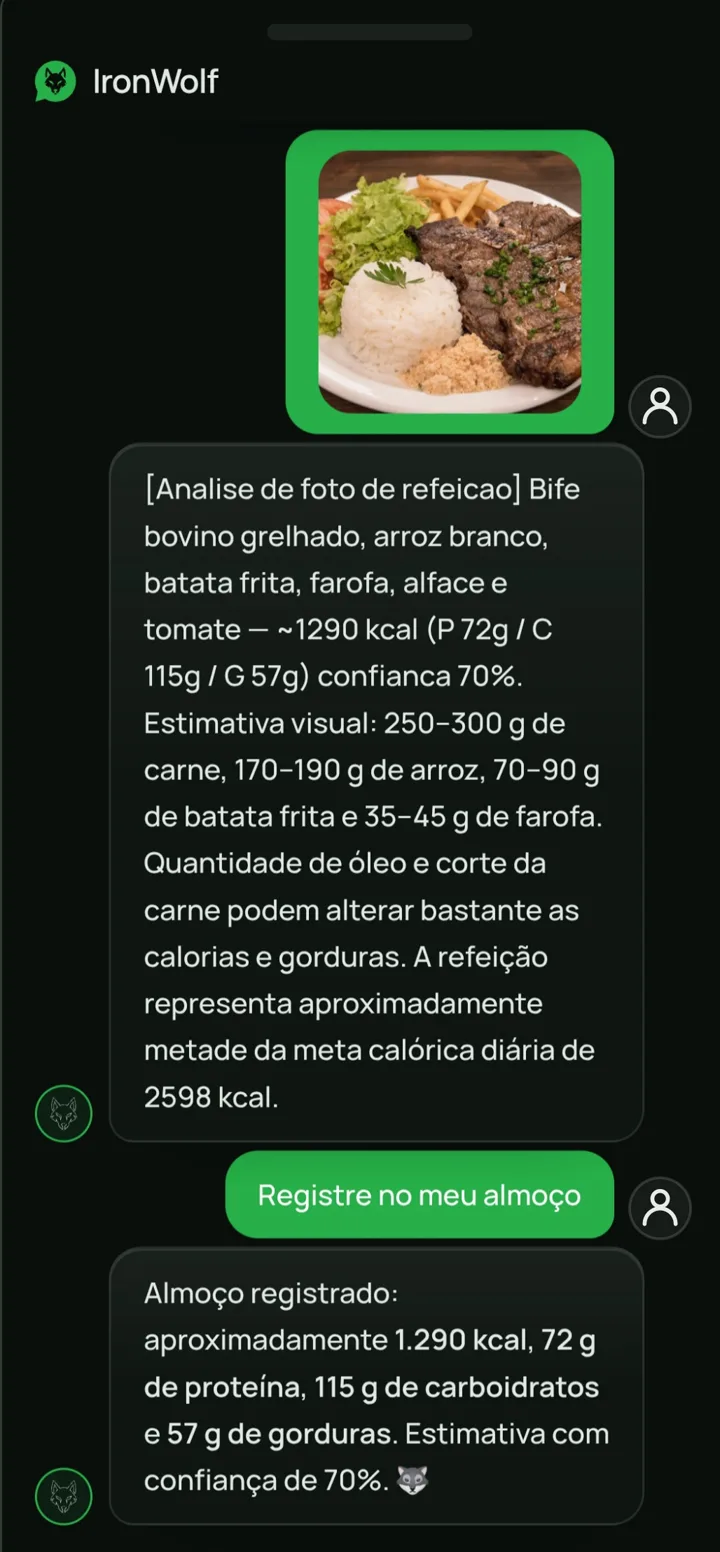 Tela do Iron Wolf App mostrando a foto de uma refeição convertida em calorias e macronutrientes